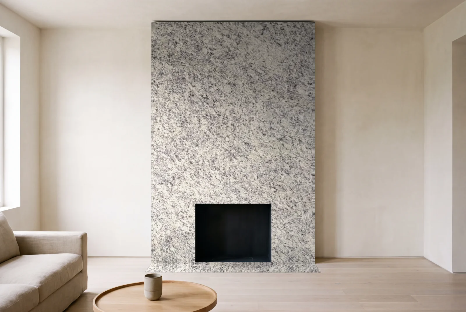 Visualization of White Santa Cecilia as a floor-to-ceiling fireplace wall in a living room