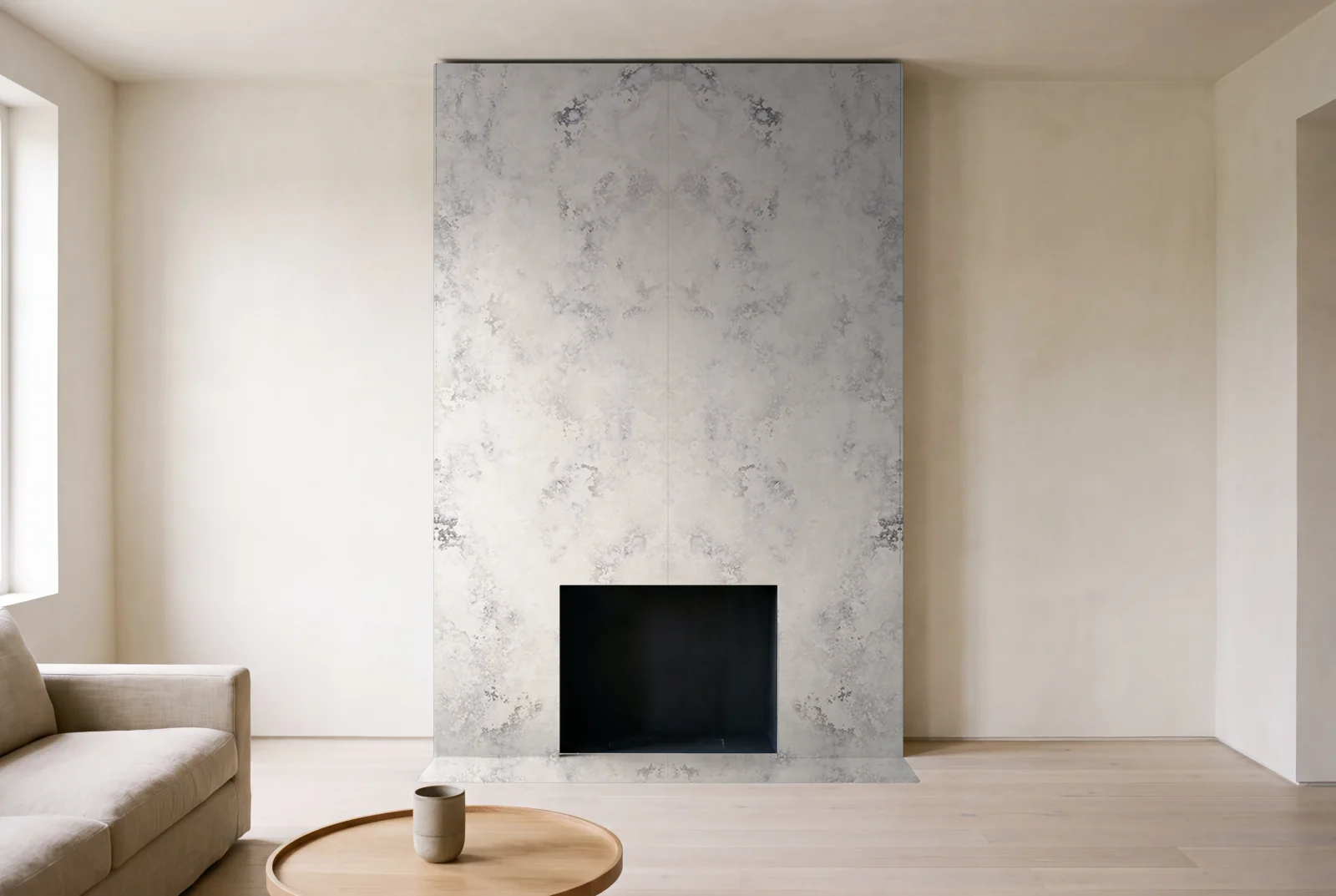 Visualization of White Sky Leather as a floor-to-ceiling fireplace wall in a living room
