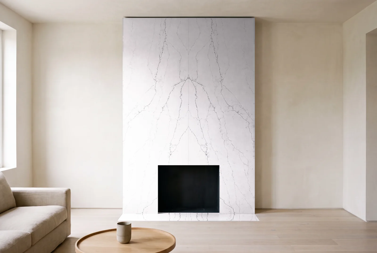 Visualization of White Thunder as a floor-to-ceiling fireplace wall in a living room