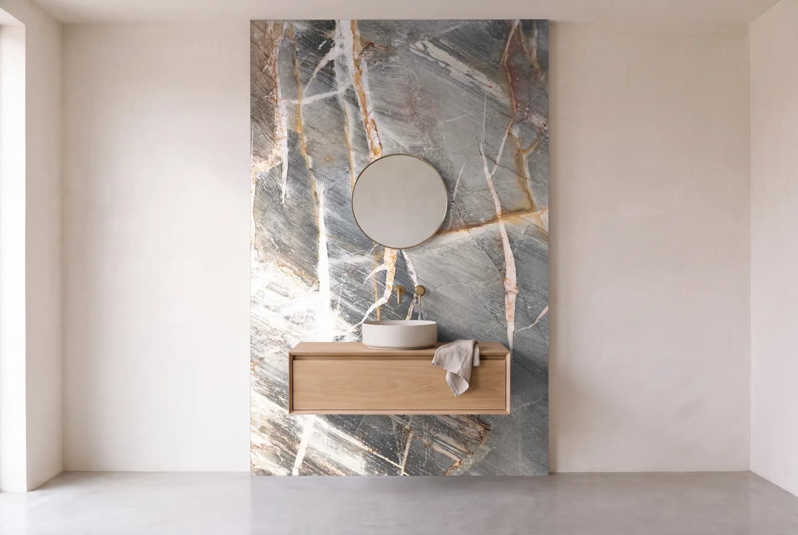 Visualization of Zanari as one slab behind a floating bathroom vanity
