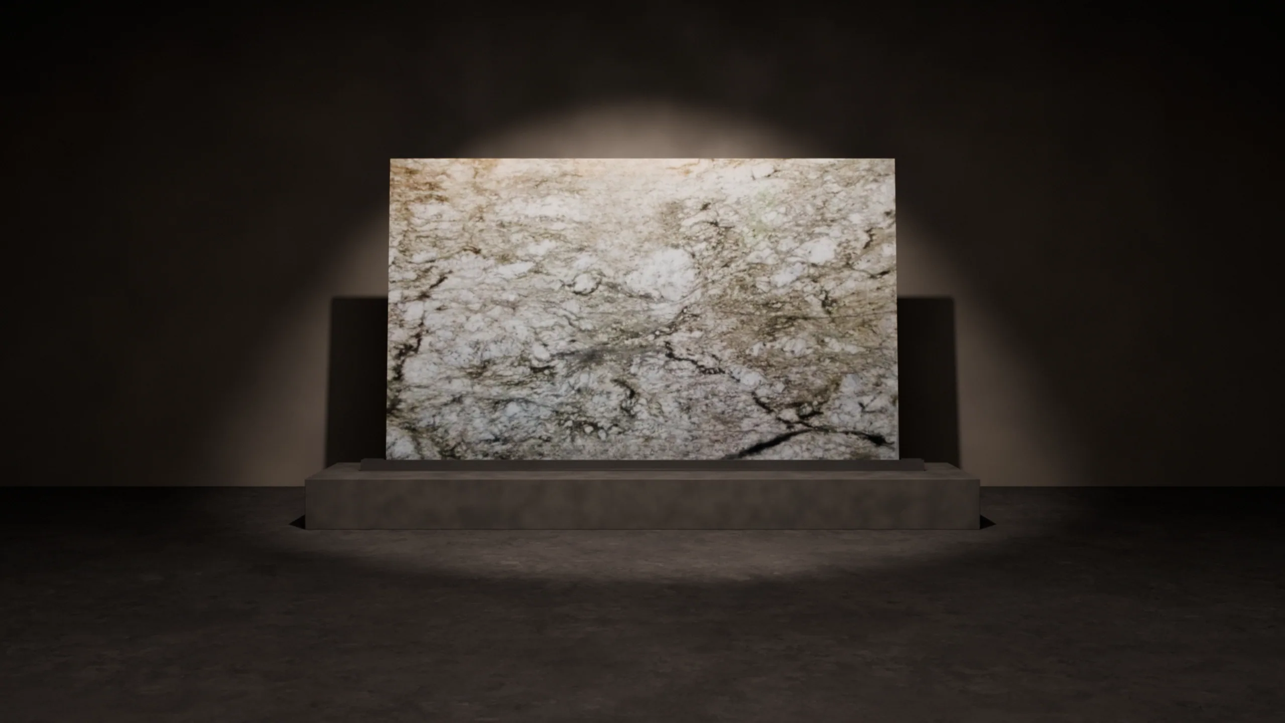 Blue Dunes standing on a plinth under a single spotlight, rendered from KLZ Stone Supply's photograph of the slab