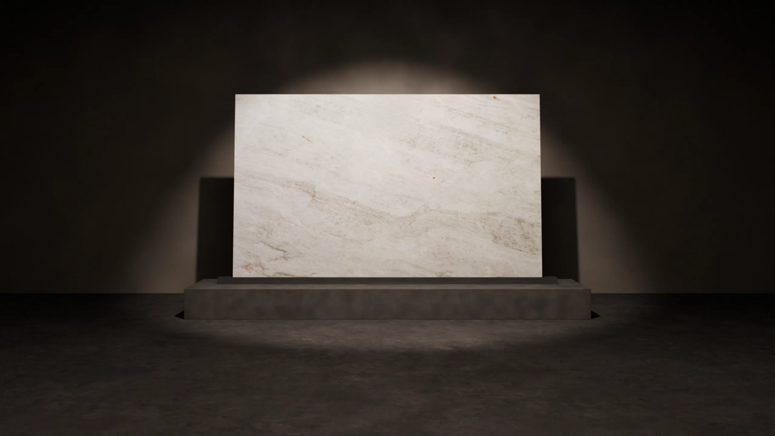 Madre Perla standing on a plinth under a single spotlight, rendered from KLZ Stone Supply's photograph of the slab