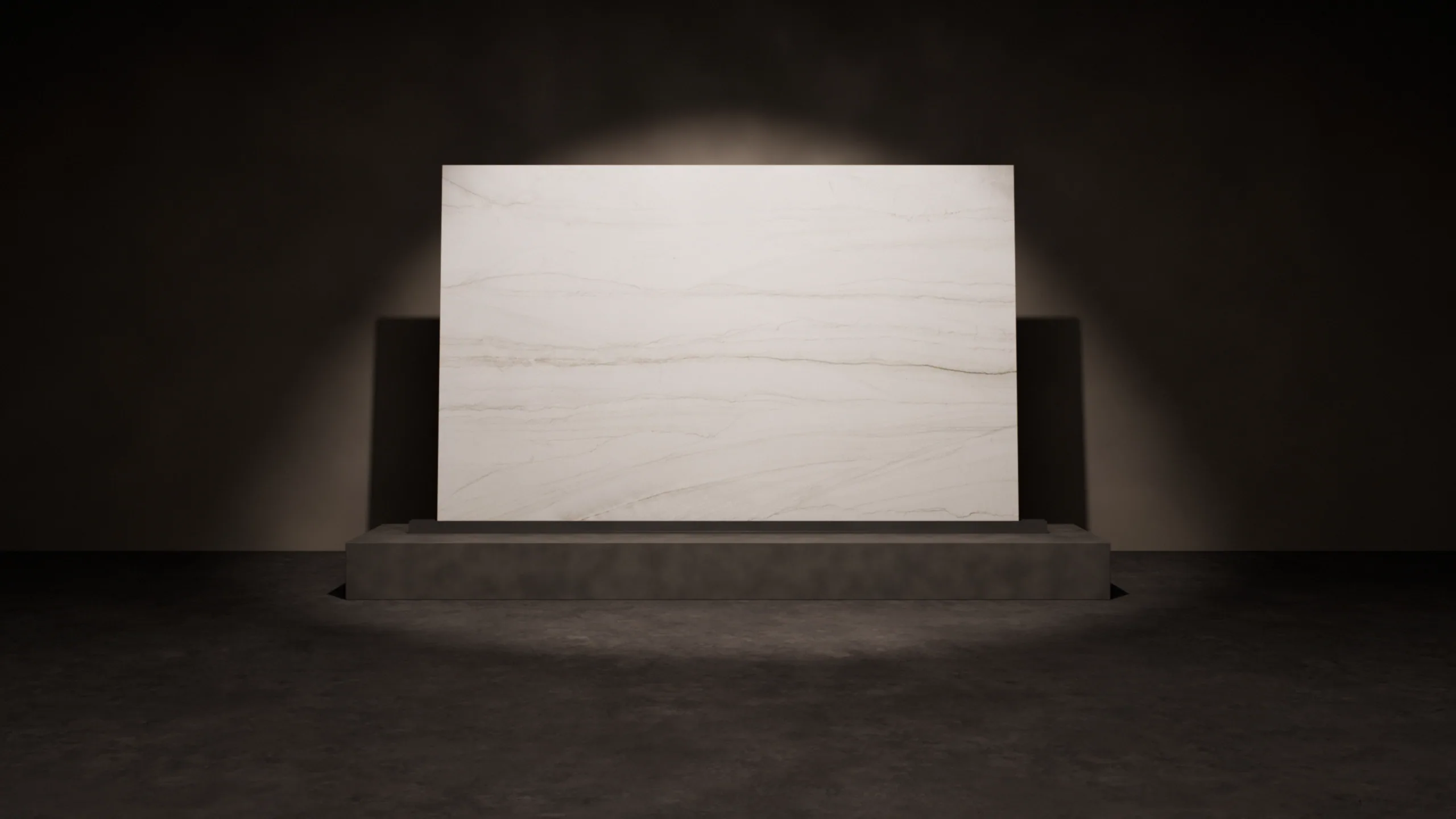Mykonos standing on a plinth under a single spotlight, rendered from KLZ Stone Supply's photograph of the slab