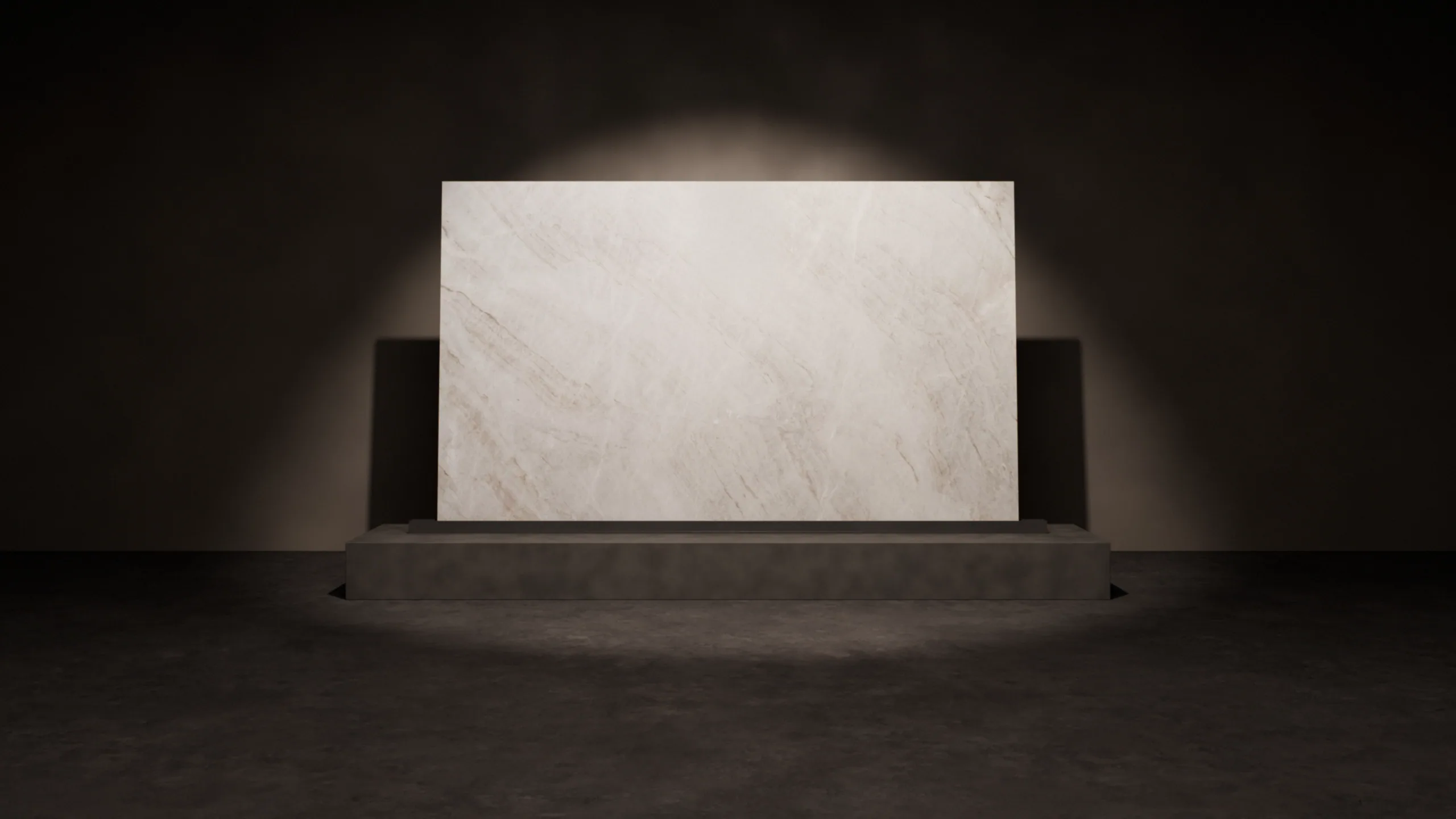 Taj Mahal standing on a plinth under a single spotlight, rendered from KLZ Stone Supply's photograph of the slab